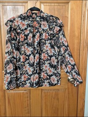 Maurices Black Blouse with Coral and Cream Floral Print